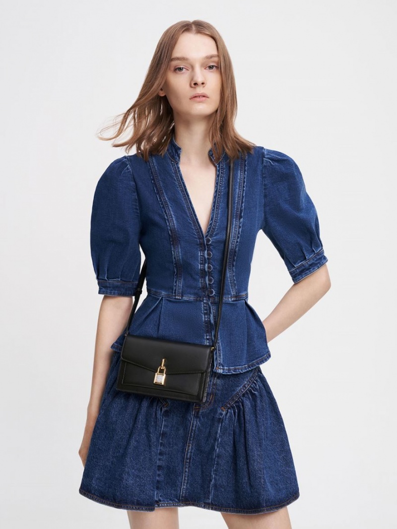 τσάντεσ χιαστί Charles And Keith Padlock Envelope μαυρα | 39786-RQDP