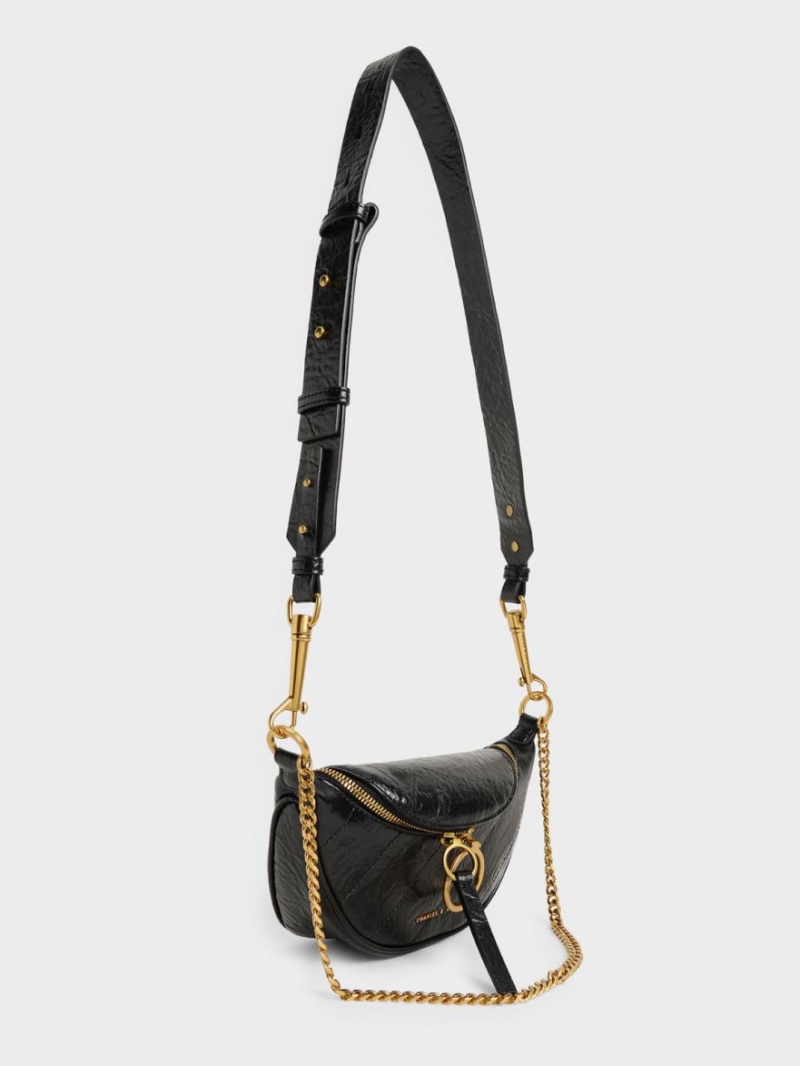 τσάντεσ χιαστί Charles And Keith Philomena Wrinkled-Effect Half-Moon μαυρα | 37240-GOJI