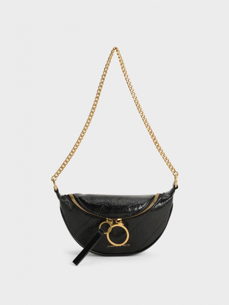 τσάντεσ χιαστί Charles And Keith Philomena Wrinkled-Effect Half-Moon μαυρα | 37240-GOJI