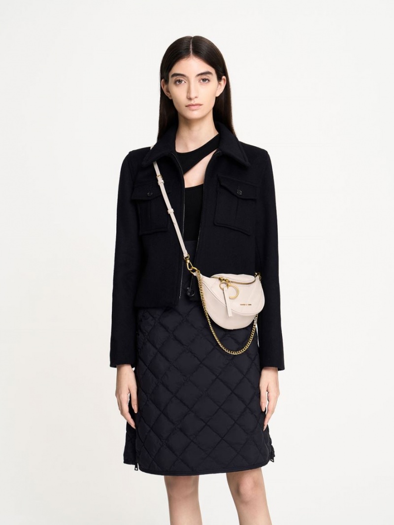 τσάντεσ χιαστί Charles And Keith Philomena Wrinkled-Effect Half-Moon ασπρα | 74028-EADH