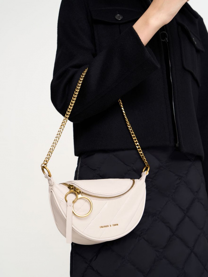 τσάντεσ χιαστί Charles And Keith Philomena Wrinkled-Effect Half-Moon ασπρα | 74028-EADH