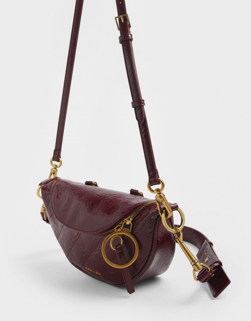 τσάντεσ χιαστί Charles And Keith Philomena Wrinkled Effect Semi-Circle μπορντο | 19754-LWIQ