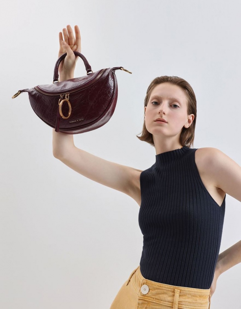 τσάντεσ χιαστί Charles And Keith Philomena Wrinkled Effect Semi-Circle μπορντο | 19754-LWIQ