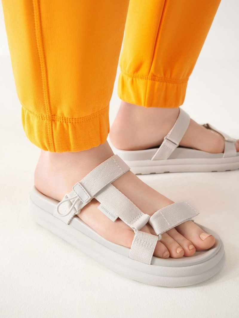 Πεδιλα Πλατφορμεσ Charles And Keith Polyester Velcro λουρακια Sports ασπρα | 04913-OKCQ