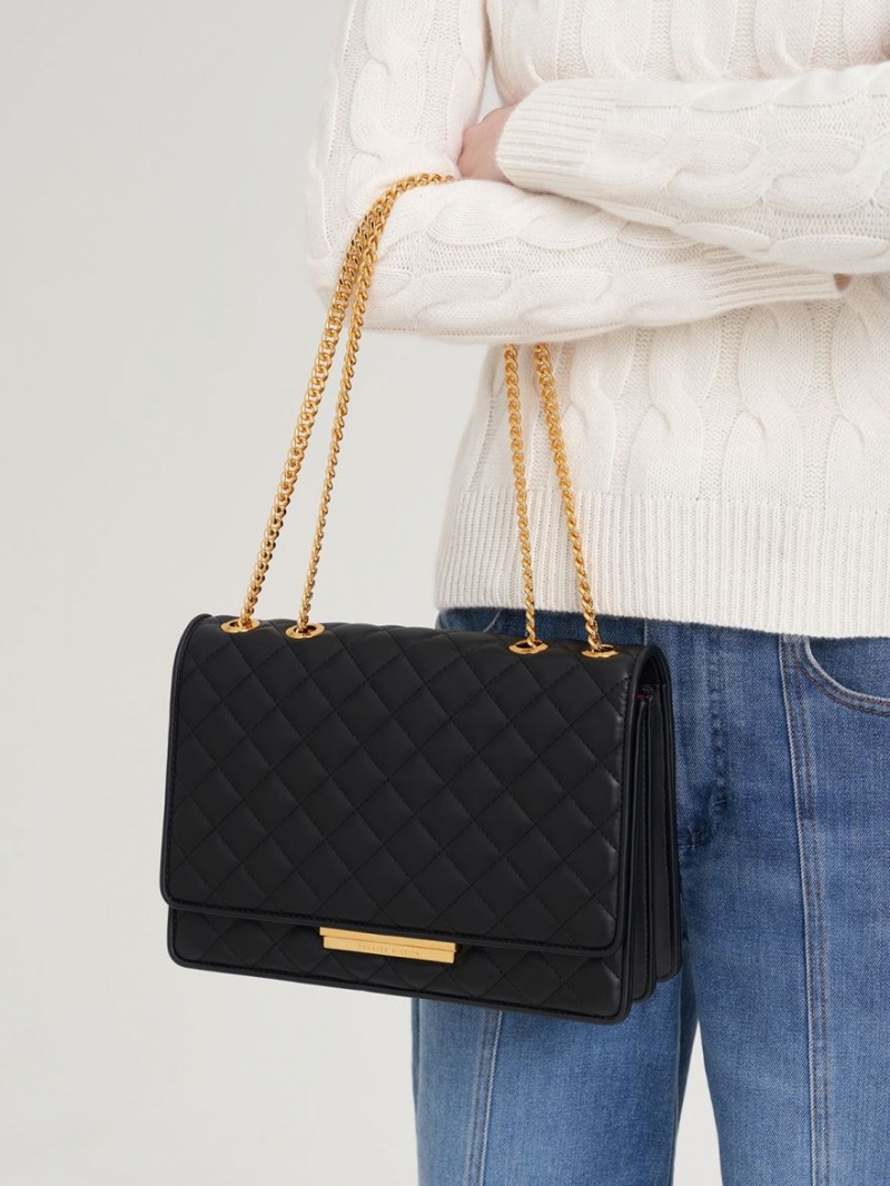 τσάντεσ χιαστί Charles And Keith Push-Lock Καπιτονέ μαυρα | 45932-LWGX