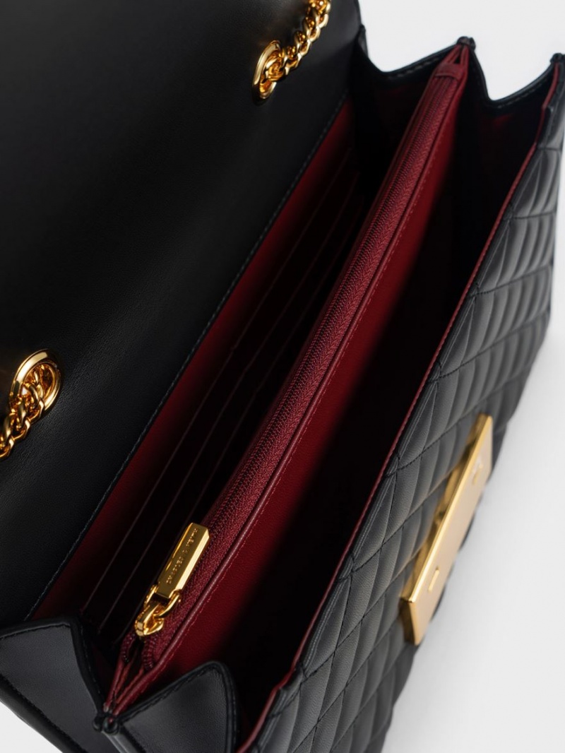 τσάντεσ χιαστί Charles And Keith Push-Lock Καπιτονέ μαυρα | 45932-LWGX