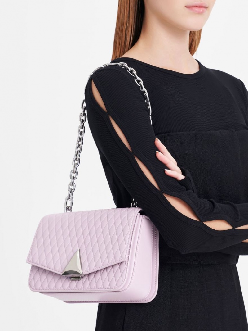 τσάντεσ ώμου Charles And Keith Quinlynn Metallic Accent Καπιτονέ μωβ | 51476-PRIH