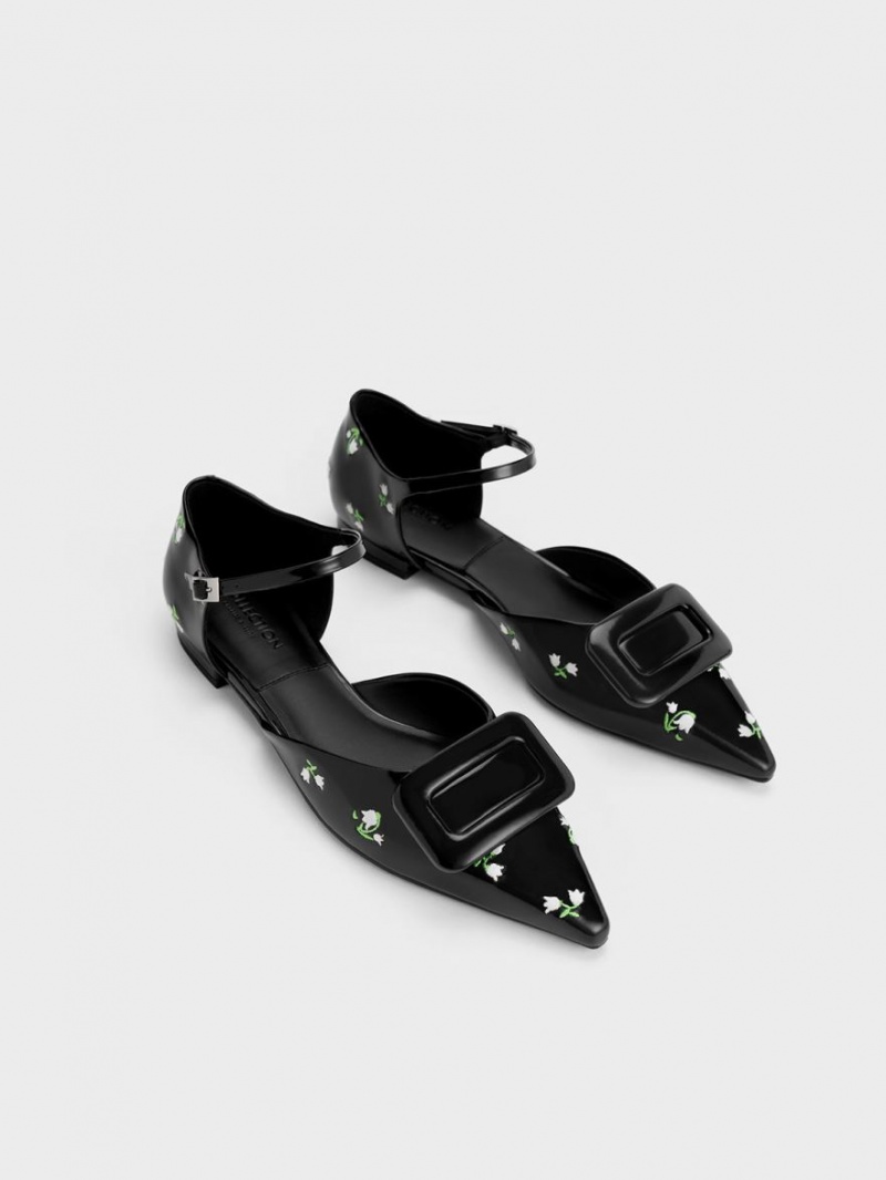Παπουτσια Μπαλαρινεσ Charles And Keith Rosalie δερματινα Floral D'Orsay μαυρα | 24801-THEI