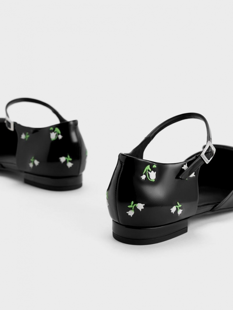 Παπουτσια Μπαλαρινεσ Charles And Keith Rosalie δερματινα Floral D'Orsay μαυρα | 24801-THEI