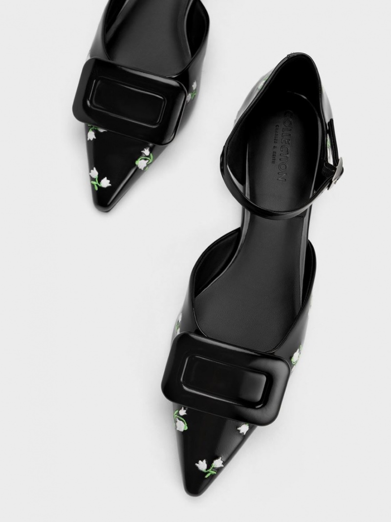 Παπουτσια Μπαλαρινεσ Charles And Keith Rosalie δερματινα Floral D'Orsay μαυρα | 24801-THEI