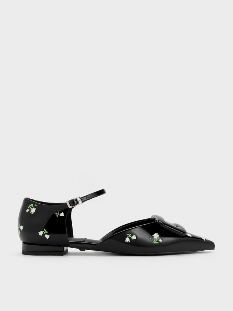 Παπουτσια Μπαλαρινεσ Charles And Keith Rosalie δερματινα Floral D\'Orsay μαυρα | 24801-THEI