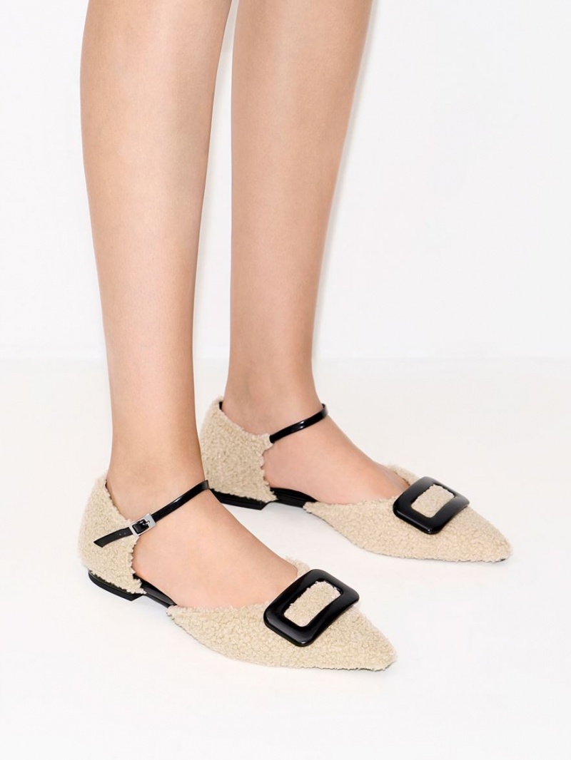 Παπουτσια Μπαλαρινεσ Charles And Keith Rosalie δερματινα Furry D'Orsay Μπεζ | 60482-PROU