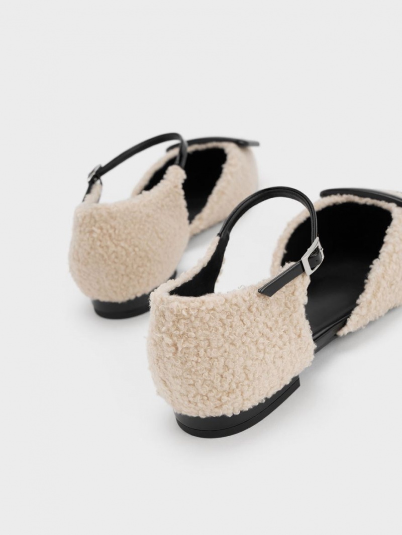 Παπουτσια Μπαλαρινεσ Charles And Keith Rosalie δερματινα Furry D'Orsay Μπεζ | 60482-PROU