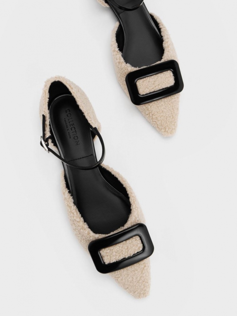 Παπουτσια Μπαλαρινεσ Charles And Keith Rosalie δερματινα Furry D'Orsay Μπεζ | 60482-PROU