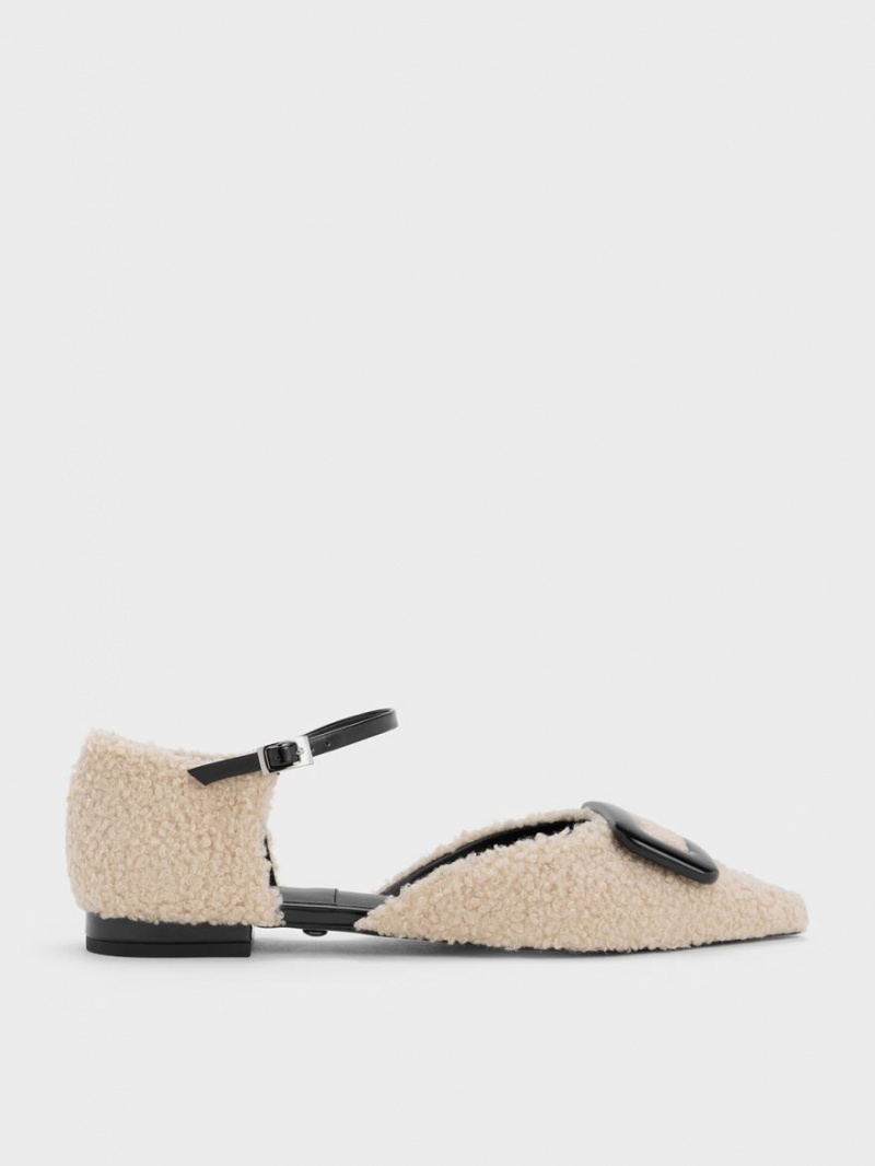 Παπουτσια Μπαλαρινεσ Charles And Keith Rosalie δερματινα Furry D\'Orsay Μπεζ | 60482-PROU