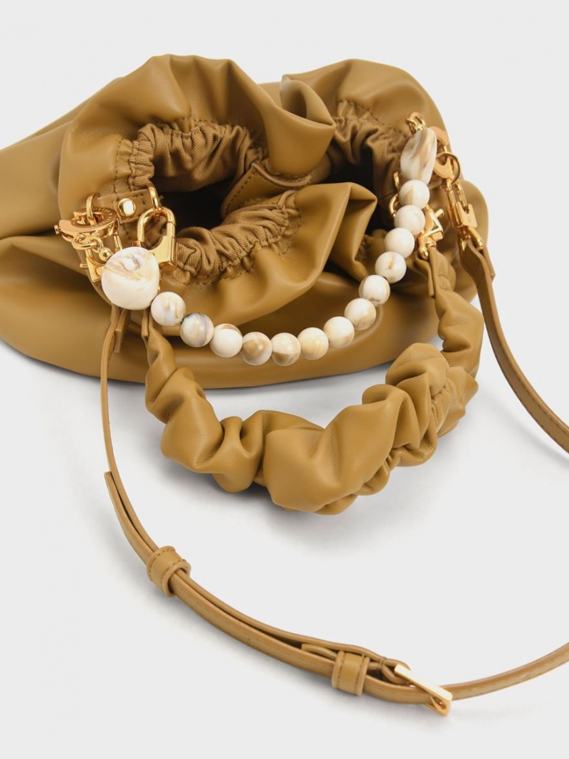 τσάντεσ χιαστί Charles And Keith Ruched Bead-Embellished μουστάρδα | 47253-EKCT