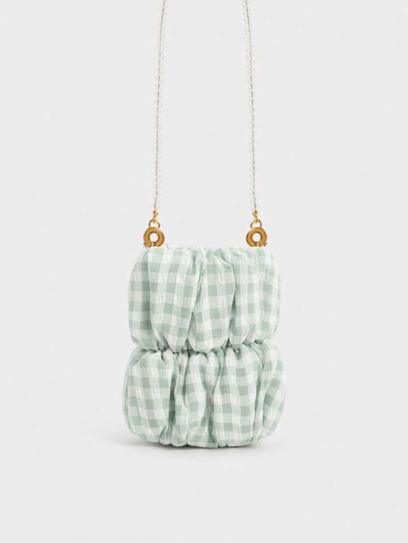 τσάντεσ χιαστί Charles And Keith Ruched Bead-Handle Check-Print πρασινο | 43967-KQTS