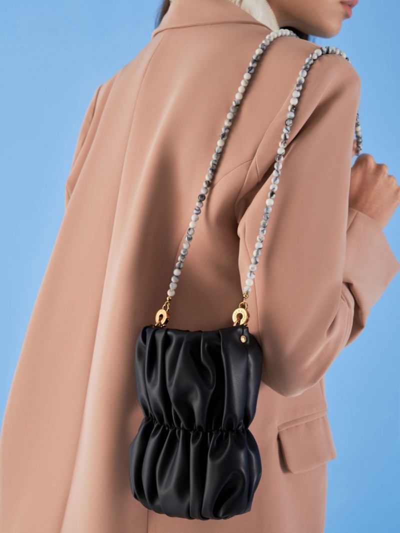 τσάντεσ χιαστί Charles And Keith Ruched Bead-Handle μαυρα | 48732-LPZJ