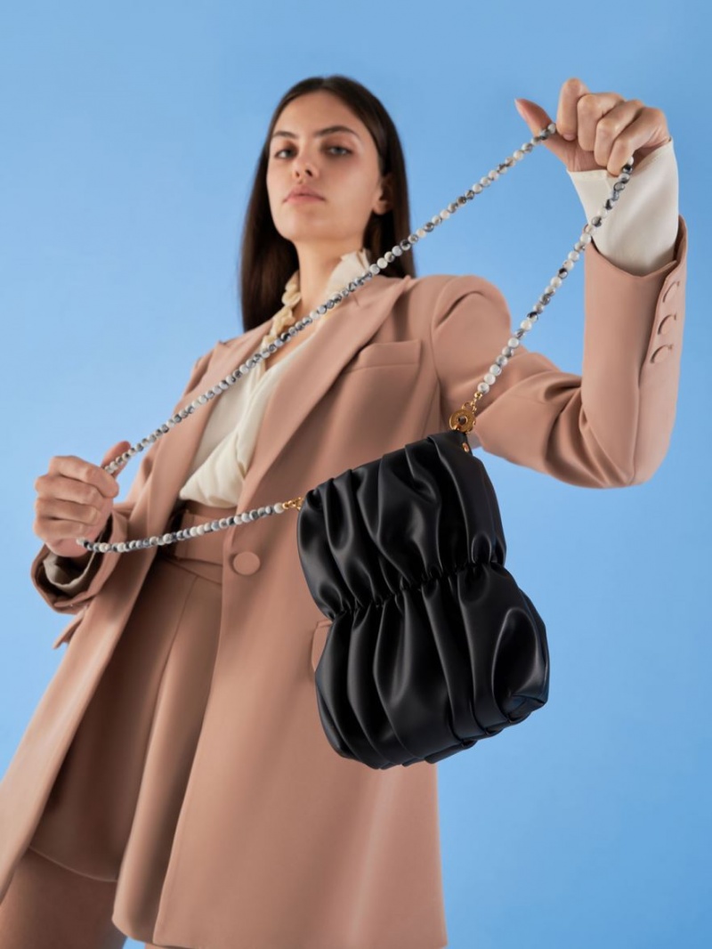 τσάντεσ χιαστί Charles And Keith Ruched Bead-Handle μαυρα | 48732-LPZJ