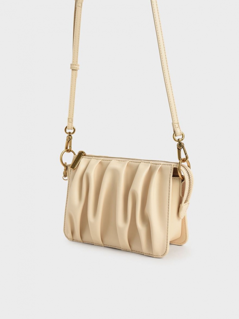 τσάντεσ ώμου Charles And Keith Ruched Bead-Handle Μπεζ | 53180-TOZD