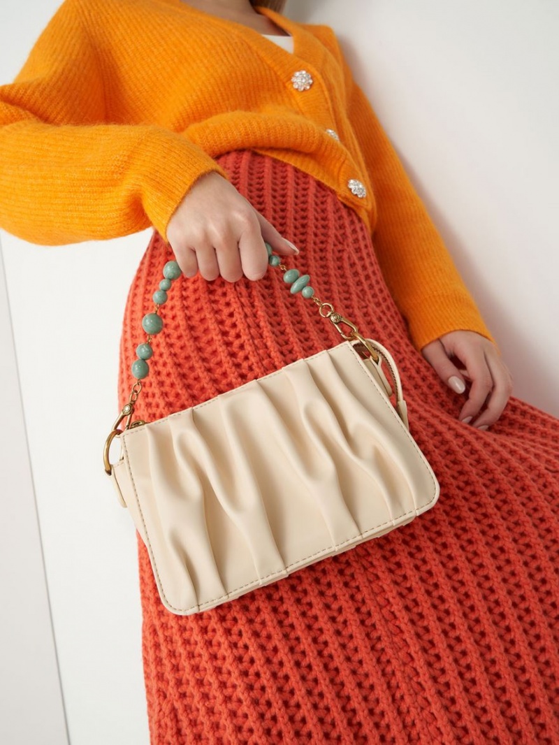 τσάντεσ ώμου Charles And Keith Ruched Bead-Handle Μπεζ | 53180-TOZD