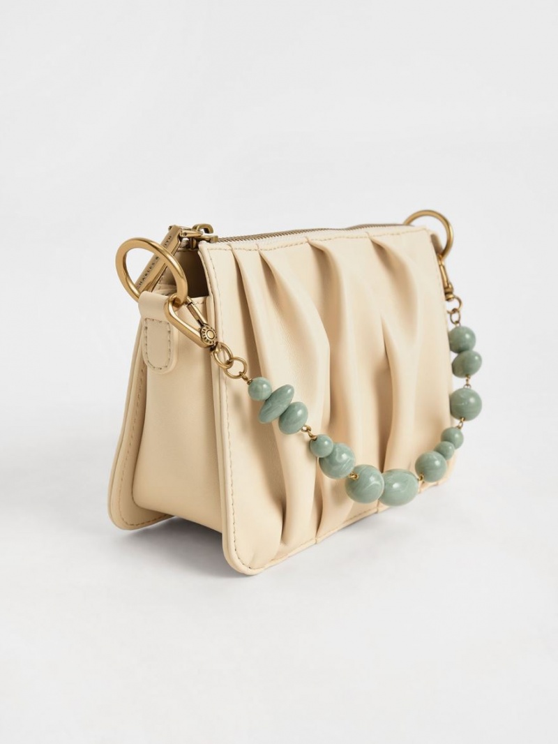 τσάντεσ ώμου Charles And Keith Ruched Bead-Handle Μπεζ | 53180-TOZD