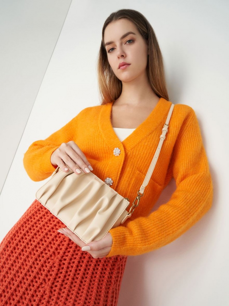 τσάντεσ ώμου Charles And Keith Ruched Bead-Handle Μπεζ | 53180-TOZD