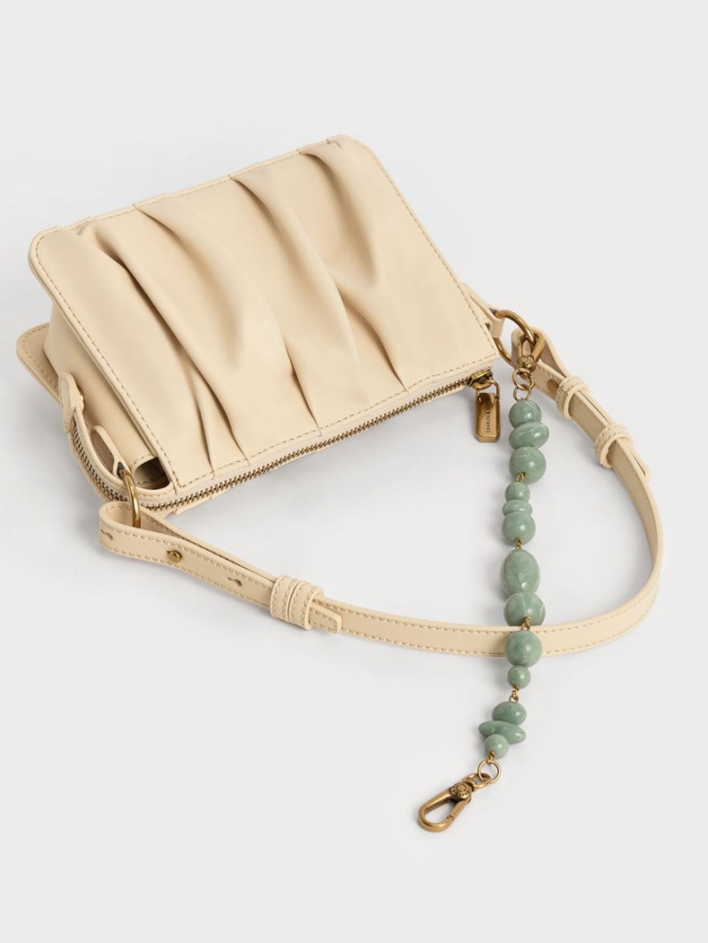 τσάντεσ ώμου Charles And Keith Ruched Bead-Handle Μπεζ | 53180-TOZD