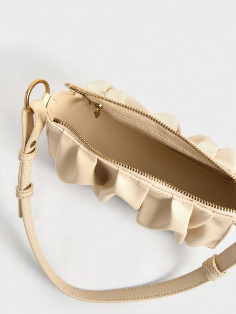 τσάντεσ ώμου Charles And Keith Ruched Bead-Handle Μπεζ | 53180-TOZD
