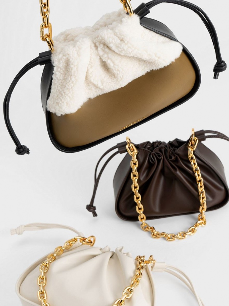 τσάντεσ ώμου Charles And Keith Ruched Chain Handle Drawstring σκούρο καφε | 98412-NGAJ