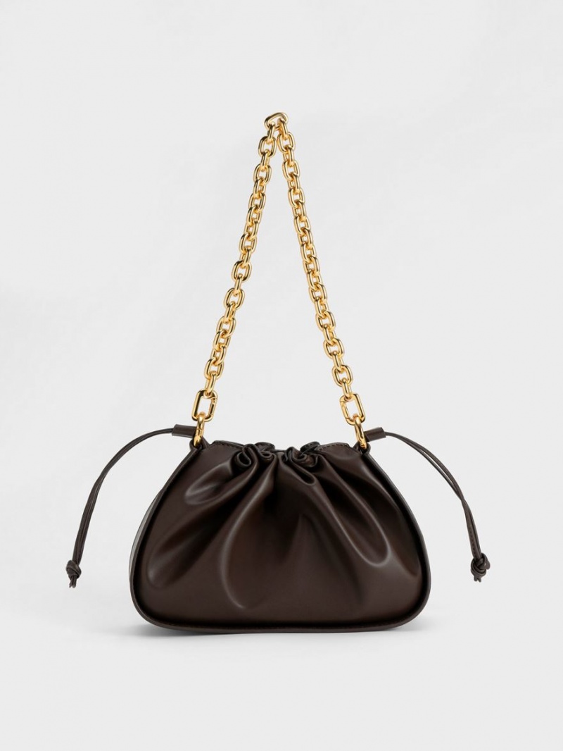 τσάντεσ ώμου Charles And Keith Ruched Chain Handle Drawstring σκούρο καφε | 98412-NGAJ
