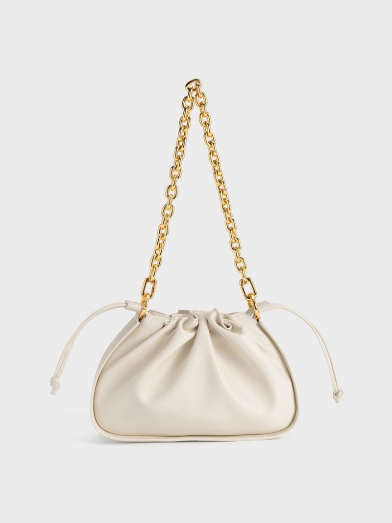 τσάντεσ ώμου Charles And Keith Ruched Chain Handle Drawstring ασπρα | 67439-JTHN