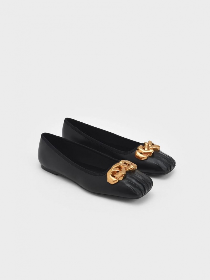 Παπουτσια Μπαλαρινεσ Charles And Keith Ruched Square-toe Χοντρός Chain-Link μαυρα | 17354-JPIO