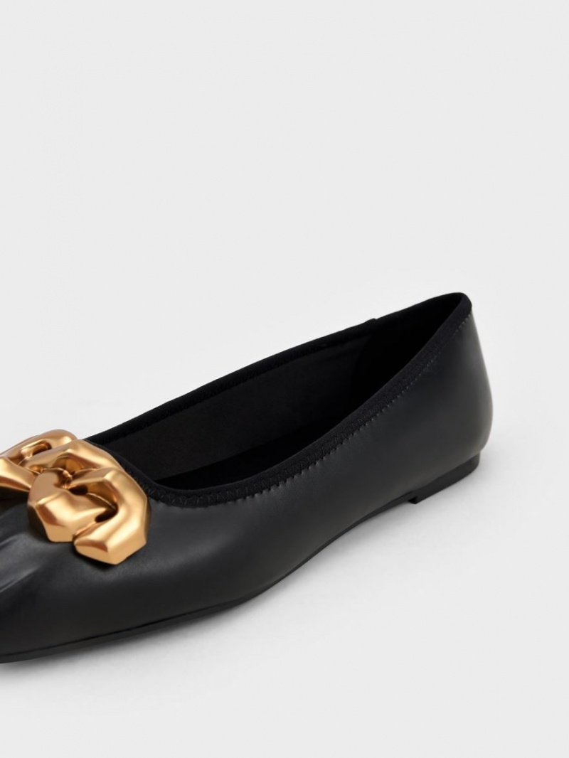 Παπουτσια Μπαλαρινεσ Charles And Keith Ruched Square-toe Χοντρός Chain-Link μαυρα | 17354-JPIO
