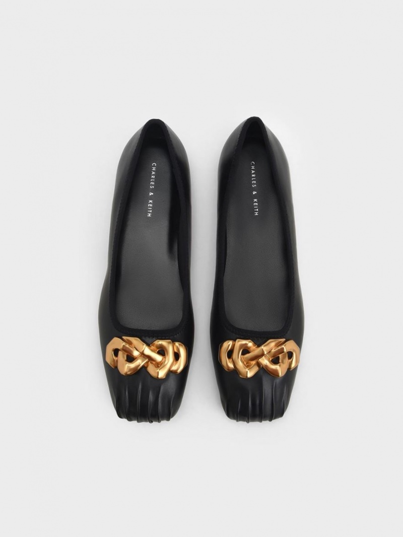 Παπουτσια Μπαλαρινεσ Charles And Keith Ruched Square-toe Χοντρός Chain-Link μαυρα | 17354-JPIO