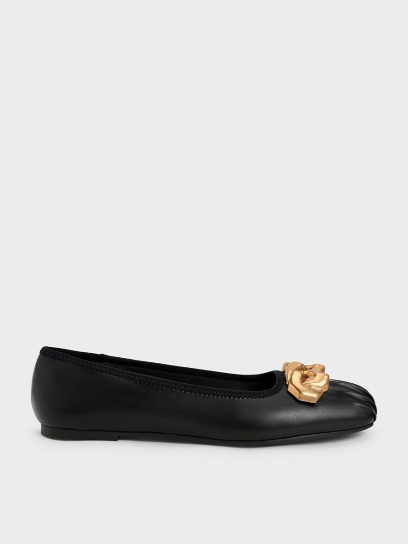 Παπουτσια Μπαλαρινεσ Charles And Keith Ruched Square-toe Χοντρός Chain-Link μαυρα | 17354-JPIO