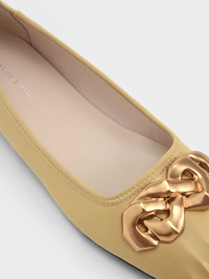 Παπουτσια Μπαλαρινεσ Charles And Keith Ruched Square-toe Χοντρός Chain-Link μουστάρδα | 05763-BACP