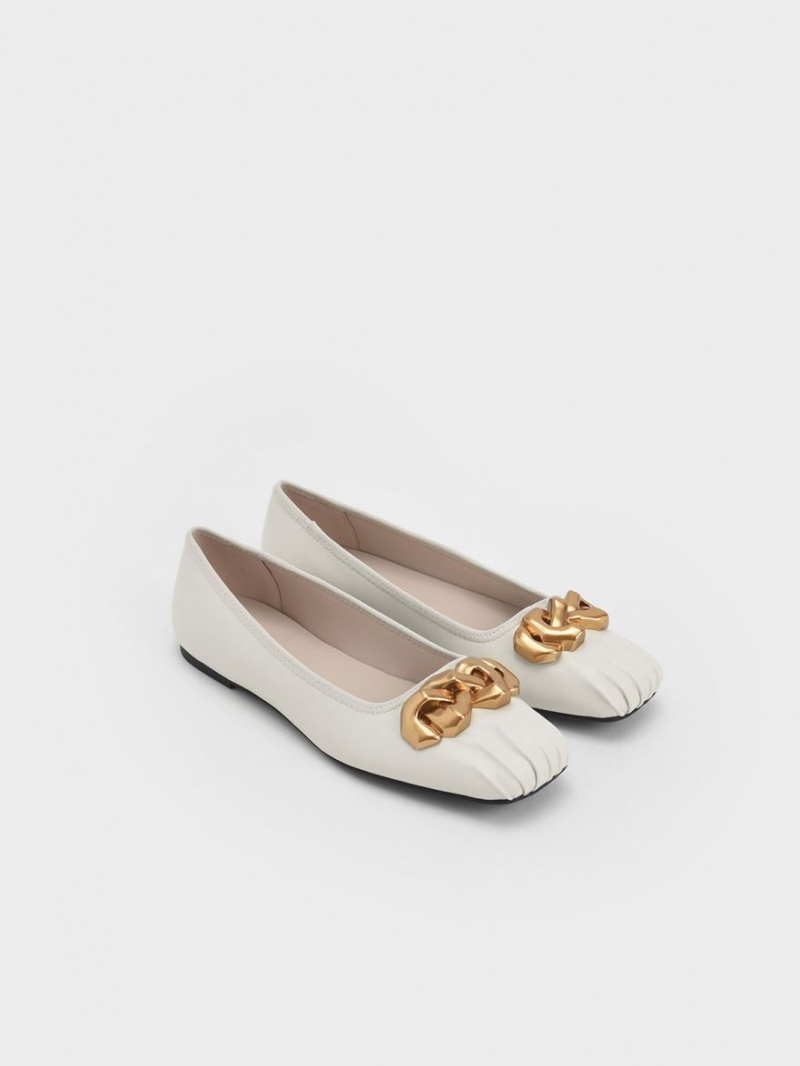 Παπουτσια Μπαλαρινεσ Charles And Keith Ruched Square-toe Χοντρός Chain-Link ασπρα | 81047-HPTS