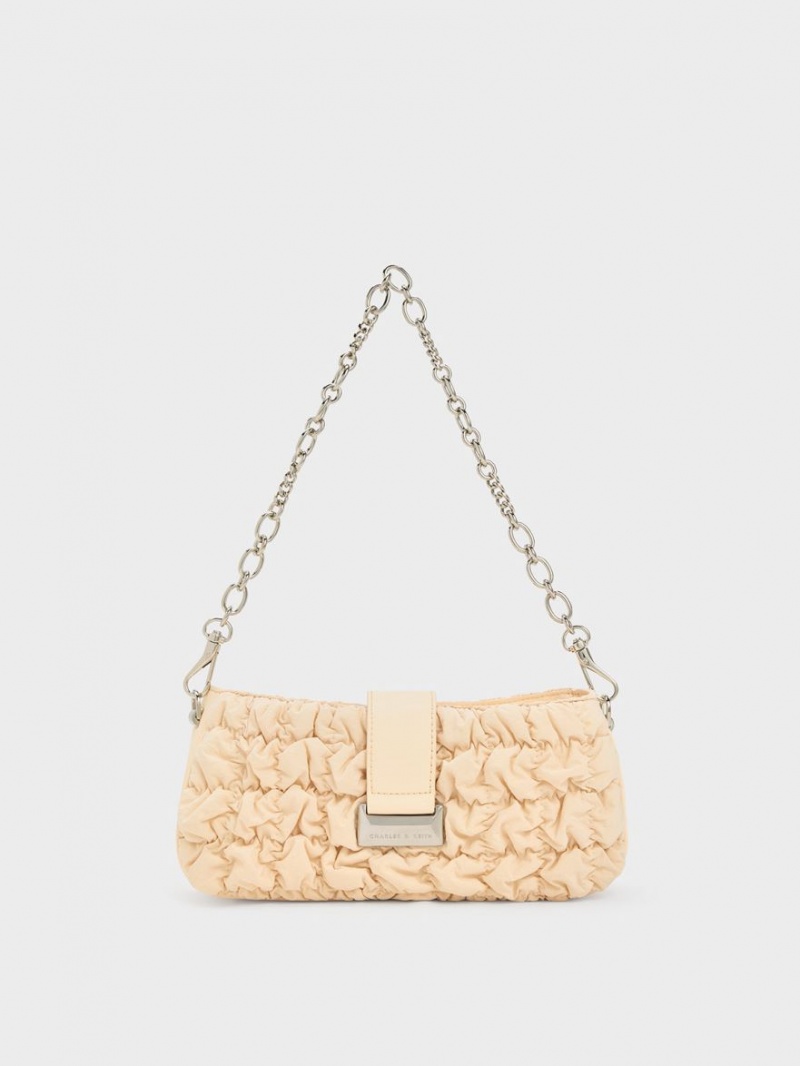 τσαντα χειροσ Charles And Keith Ruched νάιλον Chain Μπεζ | 86491-PRUY