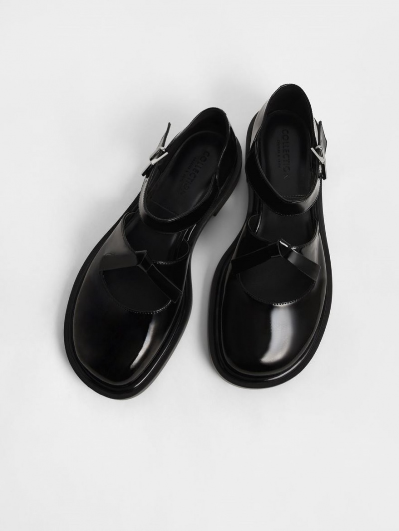 Παπουτσια Μπαλαρινεσ Charles And Keith Rumi λουστρινι δερματινα Bow-Tie Mary Jane μαυρα | 17368-EOUD