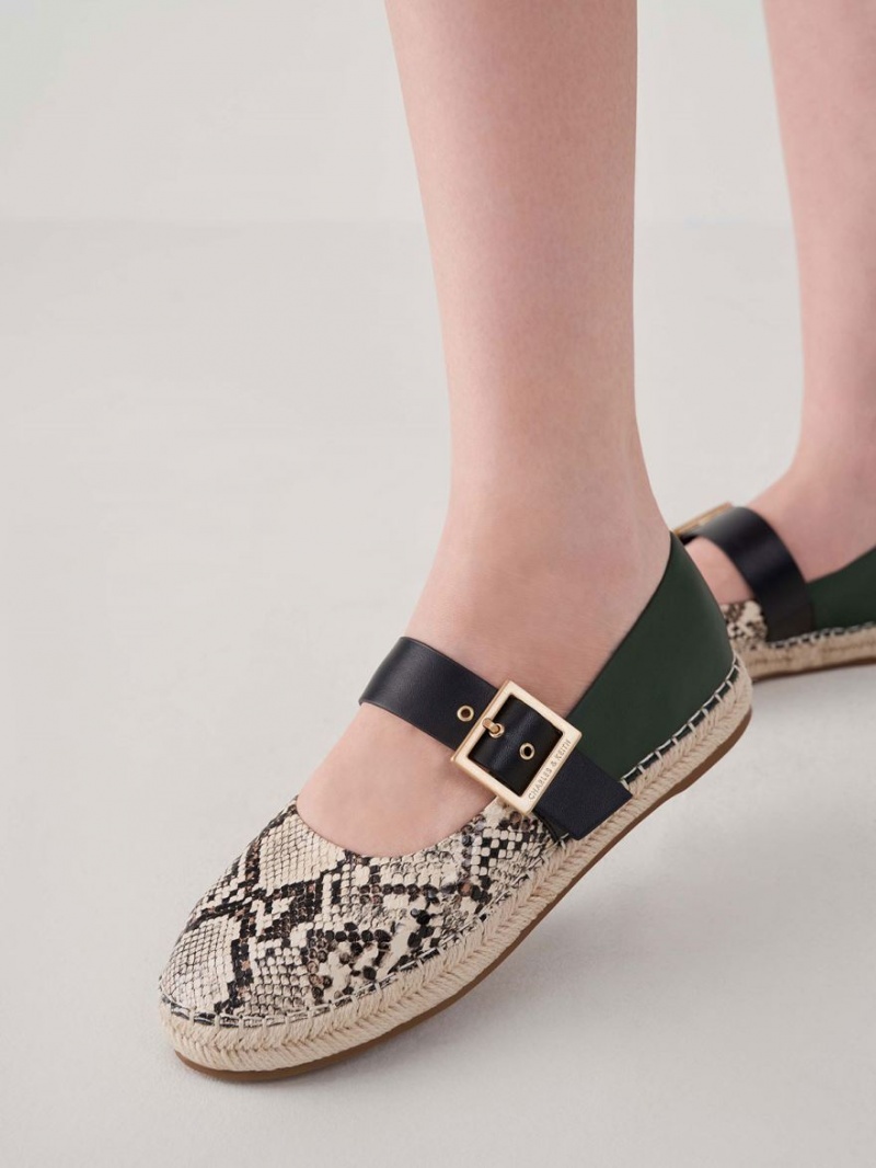 Παπουτσια Μπαλαρινεσ Charles And Keith Snake-Print Buckled εσπαντριγιεσ Μπεζ | 84563-SWIK