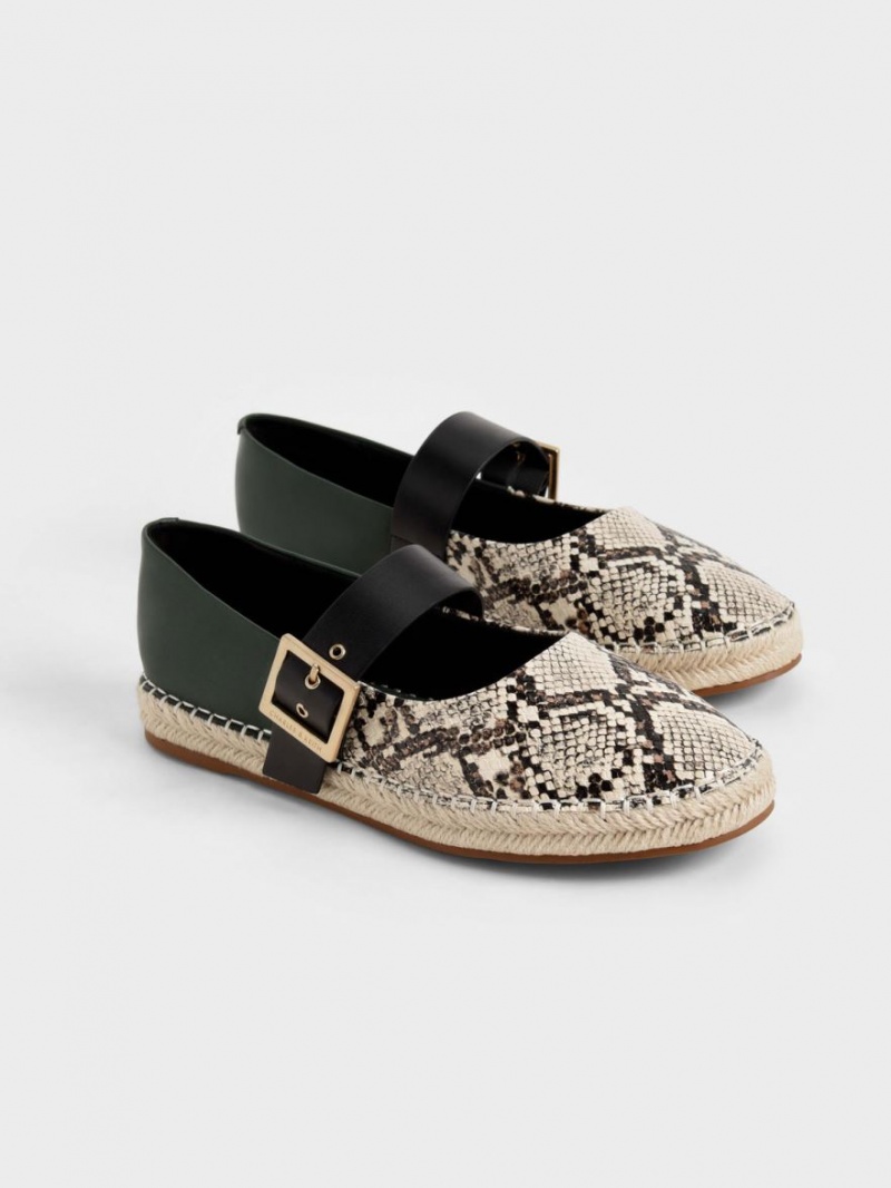 Παπουτσια Μπαλαρινεσ Charles And Keith Snake-Print Buckled εσπαντριγιεσ Μπεζ | 84563-SWIK