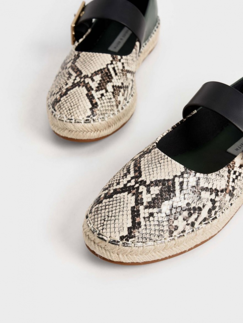 Παπουτσια Μπαλαρινεσ Charles And Keith Snake-Print Buckled εσπαντριγιεσ Μπεζ | 84563-SWIK