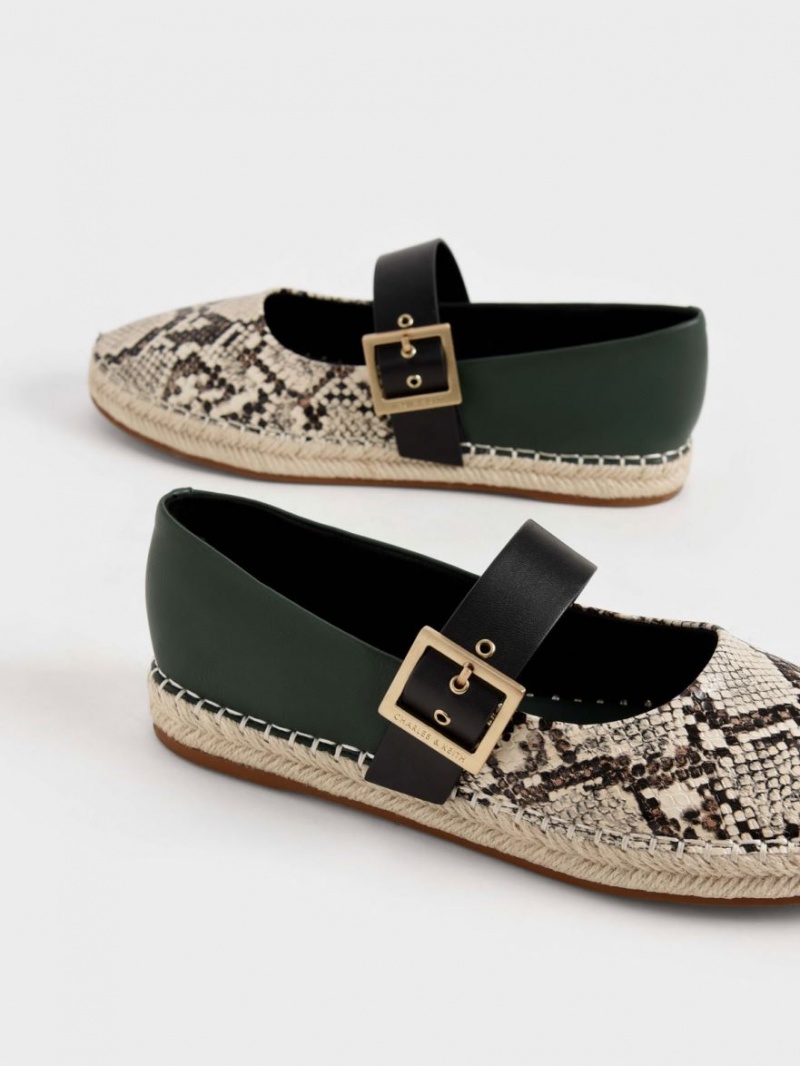 Παπουτσια Μπαλαρινεσ Charles And Keith Snake-Print Buckled εσπαντριγιεσ Μπεζ | 84563-SWIK