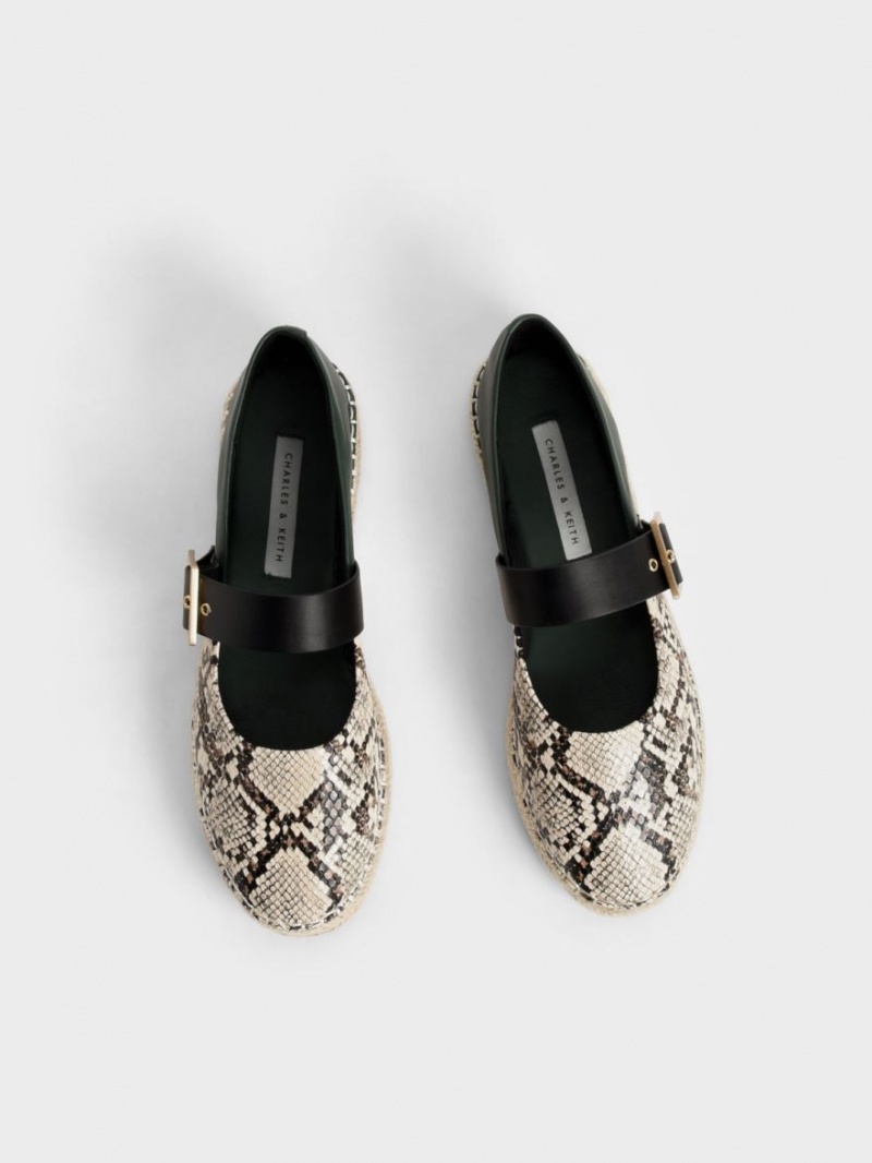 Παπουτσια Μπαλαρινεσ Charles And Keith Snake-Print Buckled εσπαντριγιεσ Μπεζ | 84563-SWIK