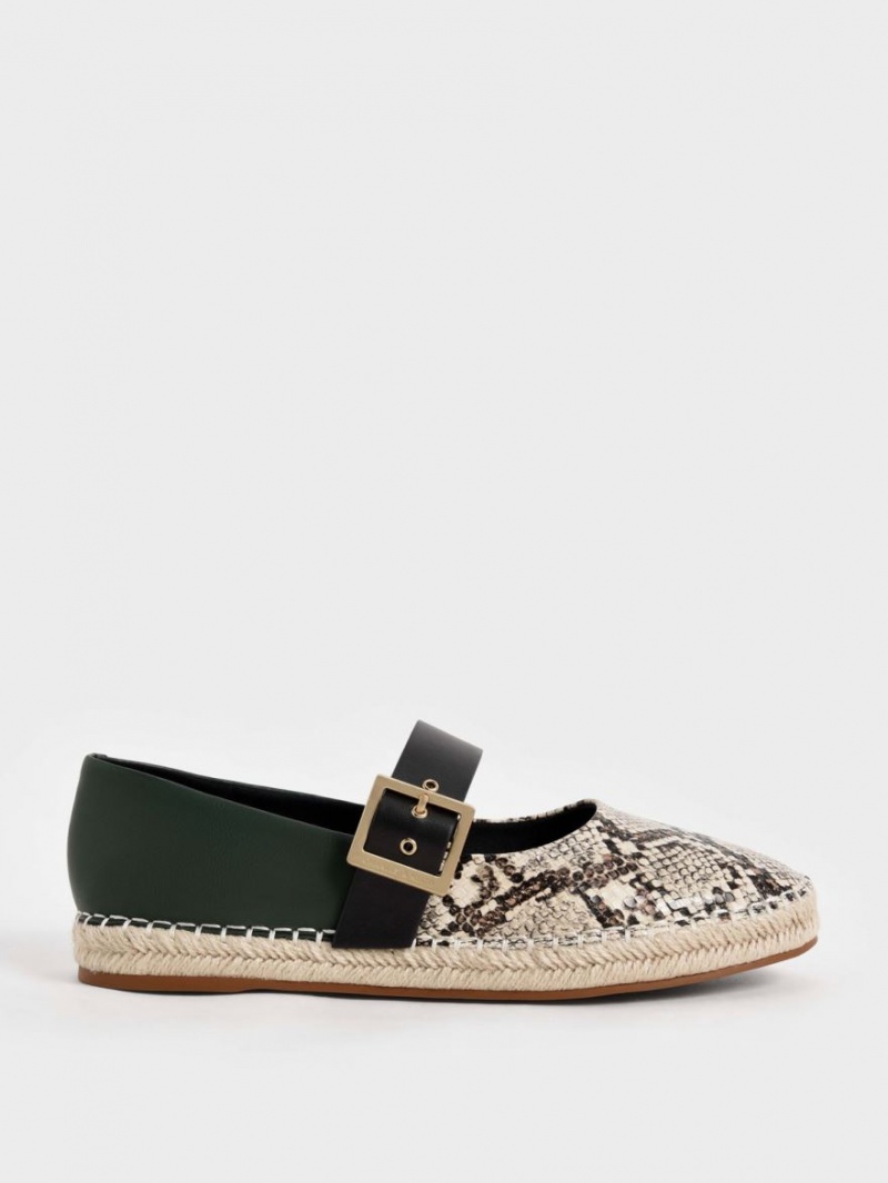 Παπουτσια Μπαλαρινεσ Charles And Keith Snake-Print Buckled εσπαντριγιεσ Μπεζ | 84563-SWIK