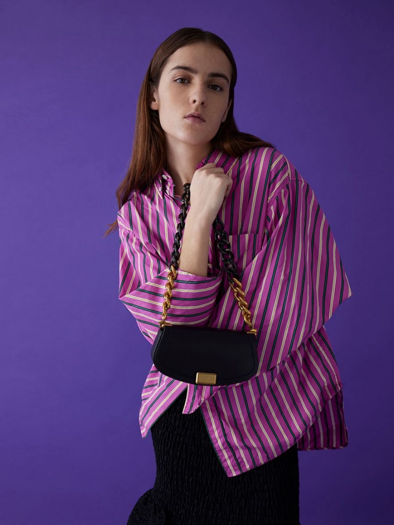 τσάντεσ ώμου Charles And Keith Sonnet Two-Tone Chain Handle μαυρα | 56732-HKSL