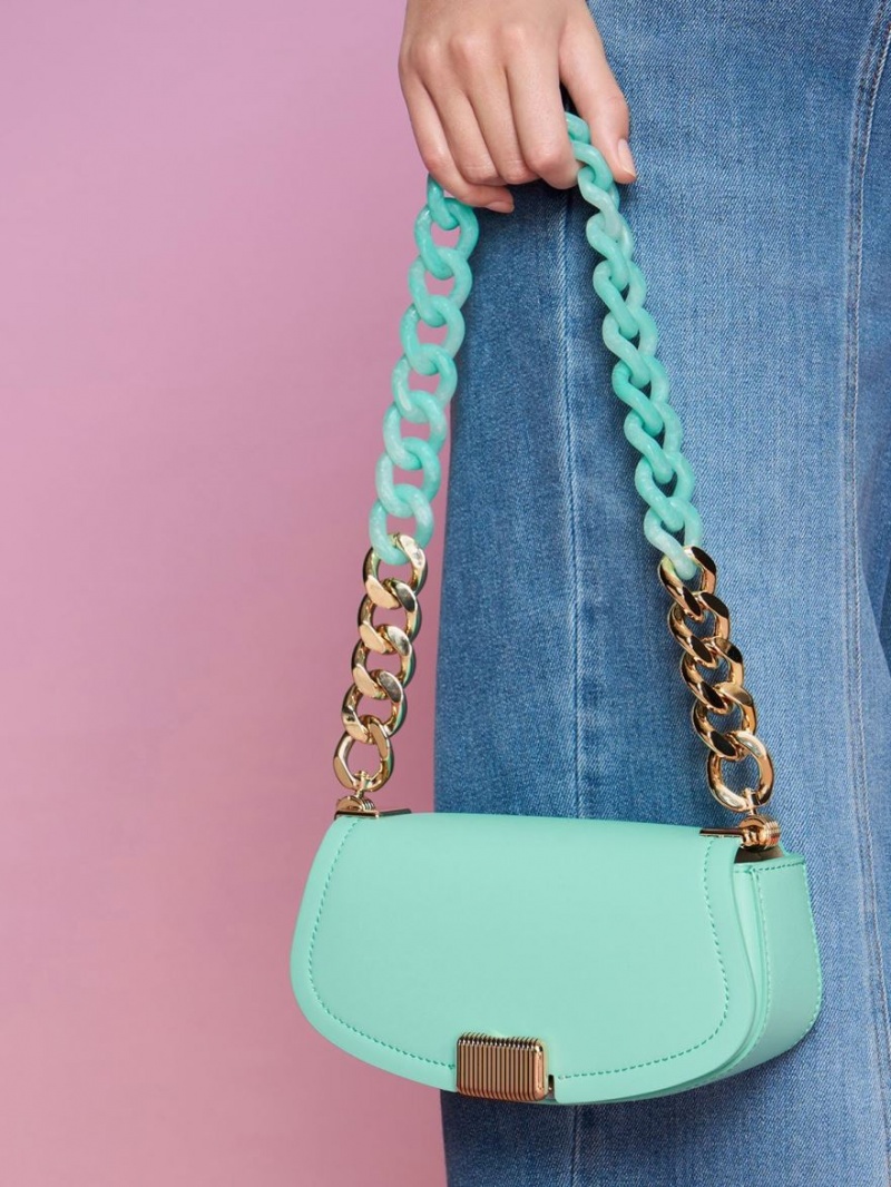 τσάντεσ ώμου Charles And Keith Sonnet Two-Tone Chain Handle τυρκουάζ | 63218-XGVS