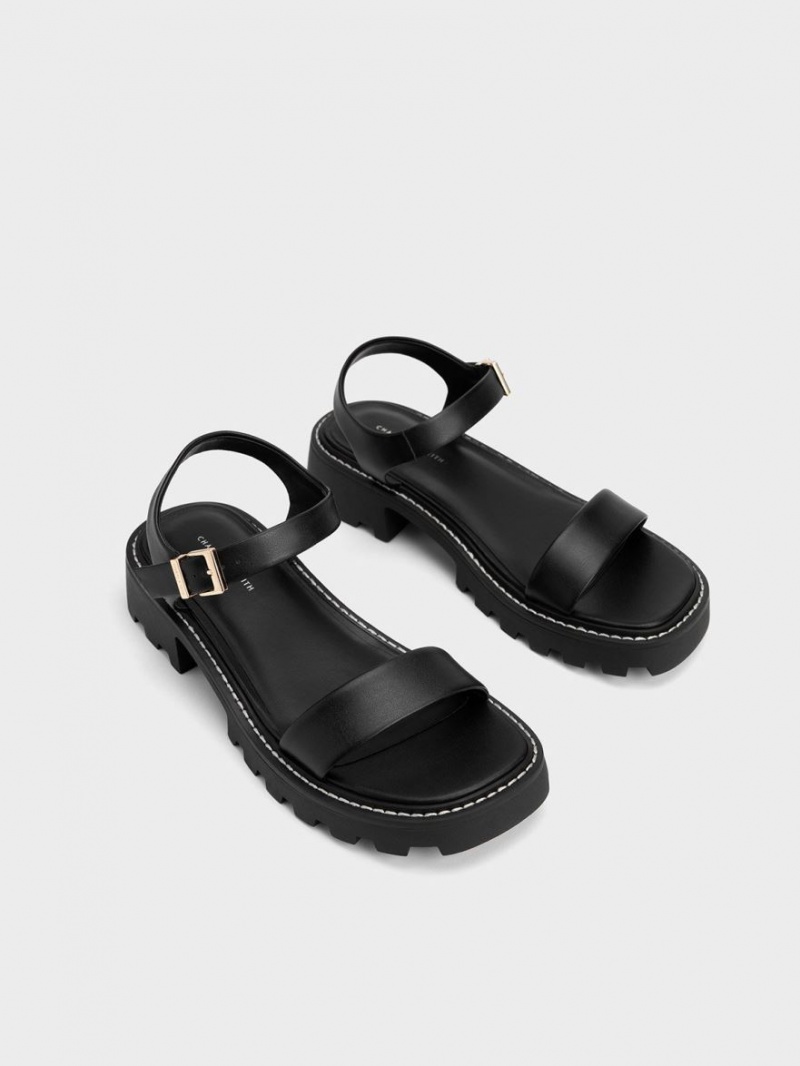 Πεδιλα Πλατφορμεσ Charles And Keith Stitch-Trim Buckled μαυρα | 98045-JFCZ