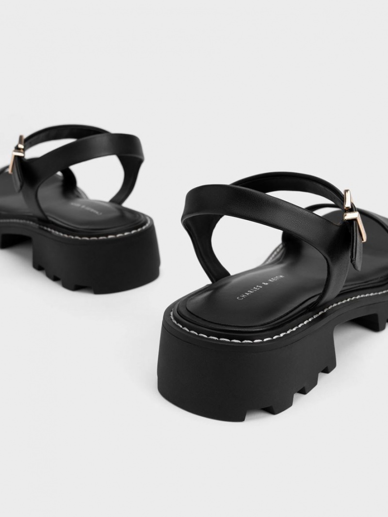 Πεδιλα Πλατφορμεσ Charles And Keith Stitch-Trim Buckled μαυρα | 98045-JFCZ